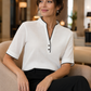 Contrast Trim Notch Collar Short Sleeve Blouse With Minimal Button Placket