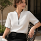 Contrast Trim Notch Collar Short Sleeve Blouse With Minimal Button Placket