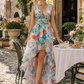 Elegant Watercolor Print High-Low Chiffon Maxi Dress