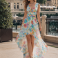 Elegant Watercolor Print High-Low Chiffon Maxi Dress