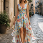 Elegant Watercolor Print High-Low Chiffon Maxi Dress