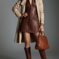Chocolate Brown Eco Leather Zip-Front Mini Dress With Utility Pockets