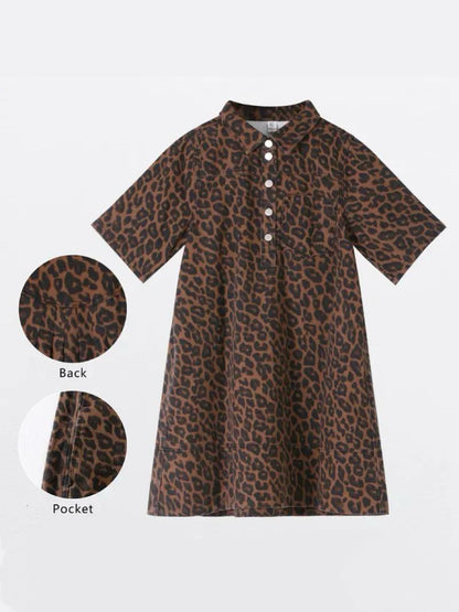 Leopard Print Half-Button Down Tunic Dress with Pocket