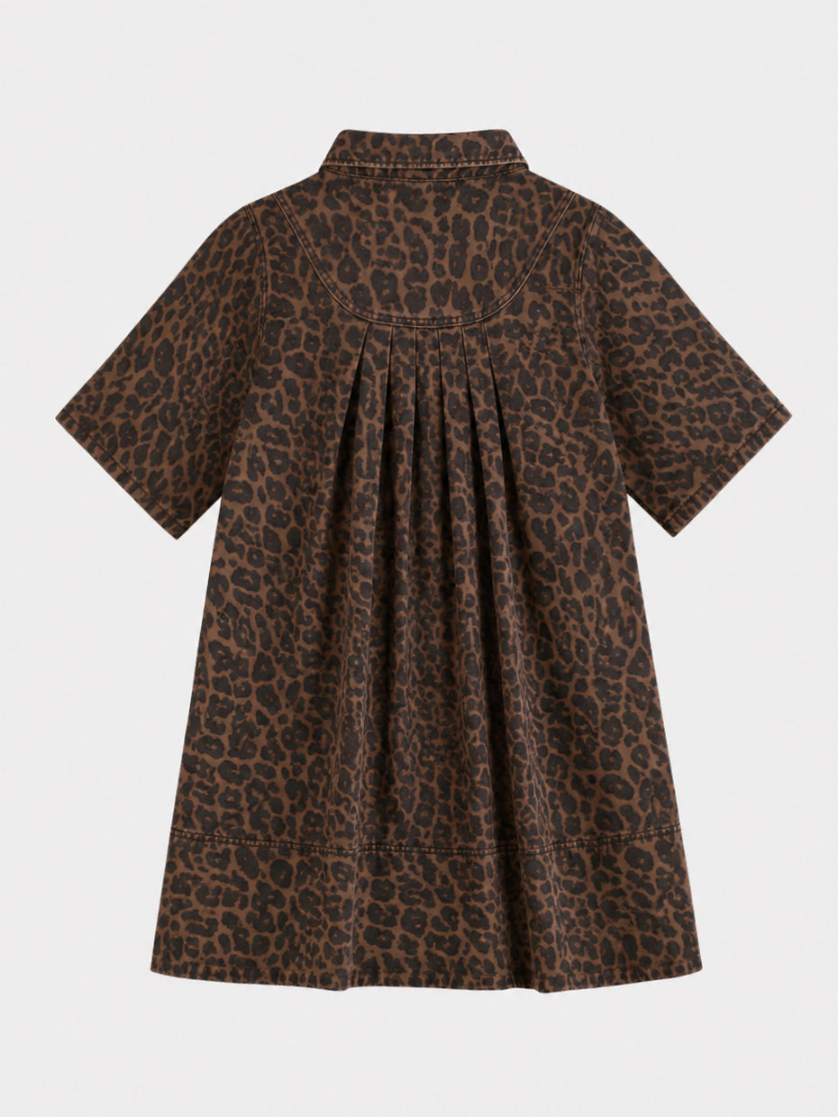 Leopard Print Half-Button Down Tunic Dress with Pocket