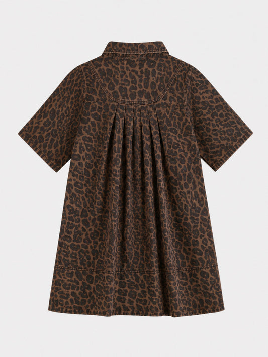 Leopard Print Half-Button Down Tunic Dress with Pocket