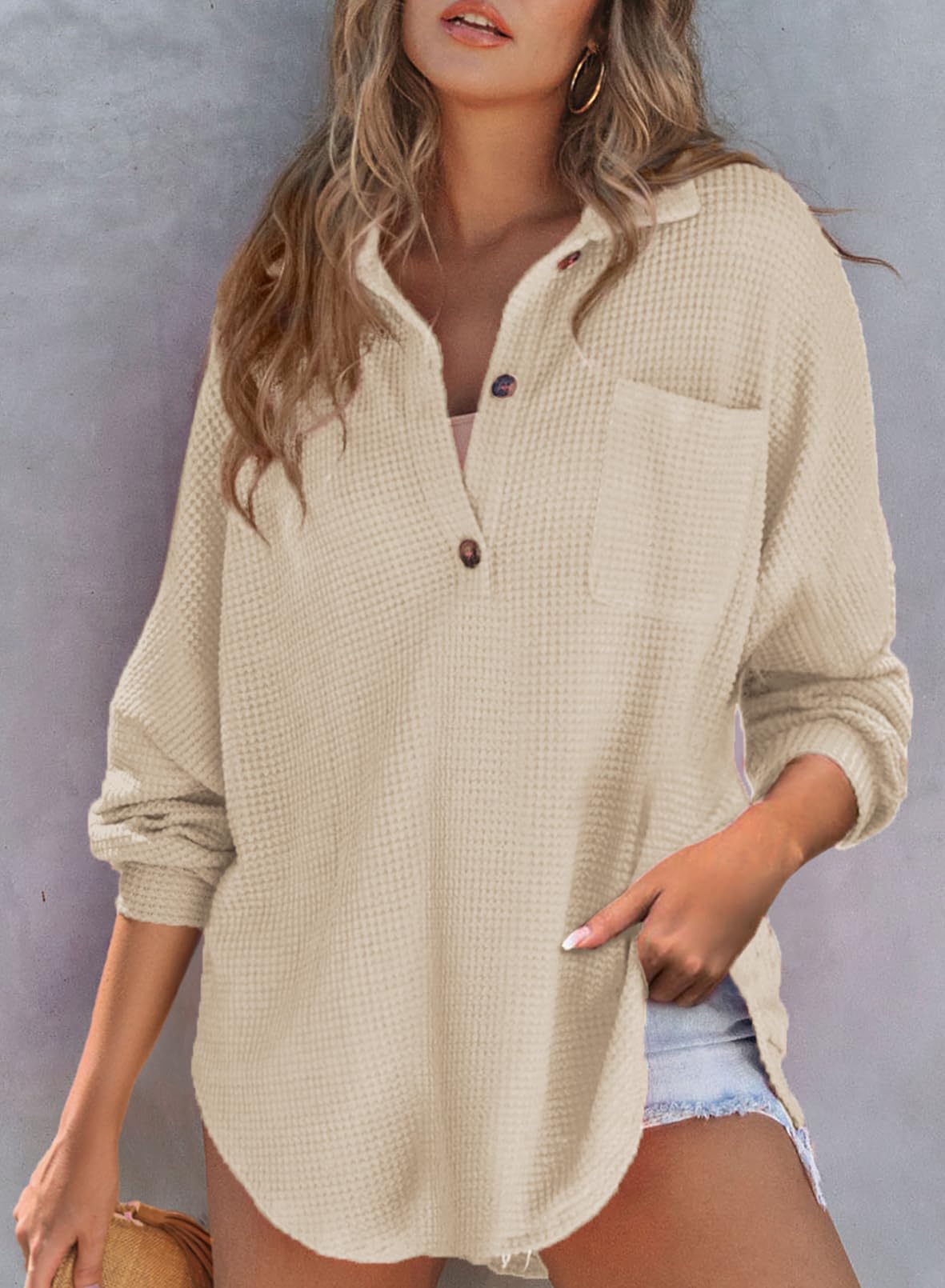 2024 New Women's Waffle Knit Henley V Neck Shirt Jacket(buy 2 10% OFF)