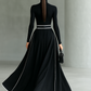 Women's Black Stitching White Trim High Collar Long Sleeve Tight Belt Maxi Dress