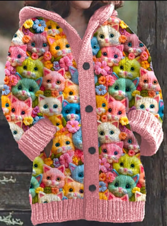 Colorful Spring Cats Pattern Cozy Hooded Cardigan