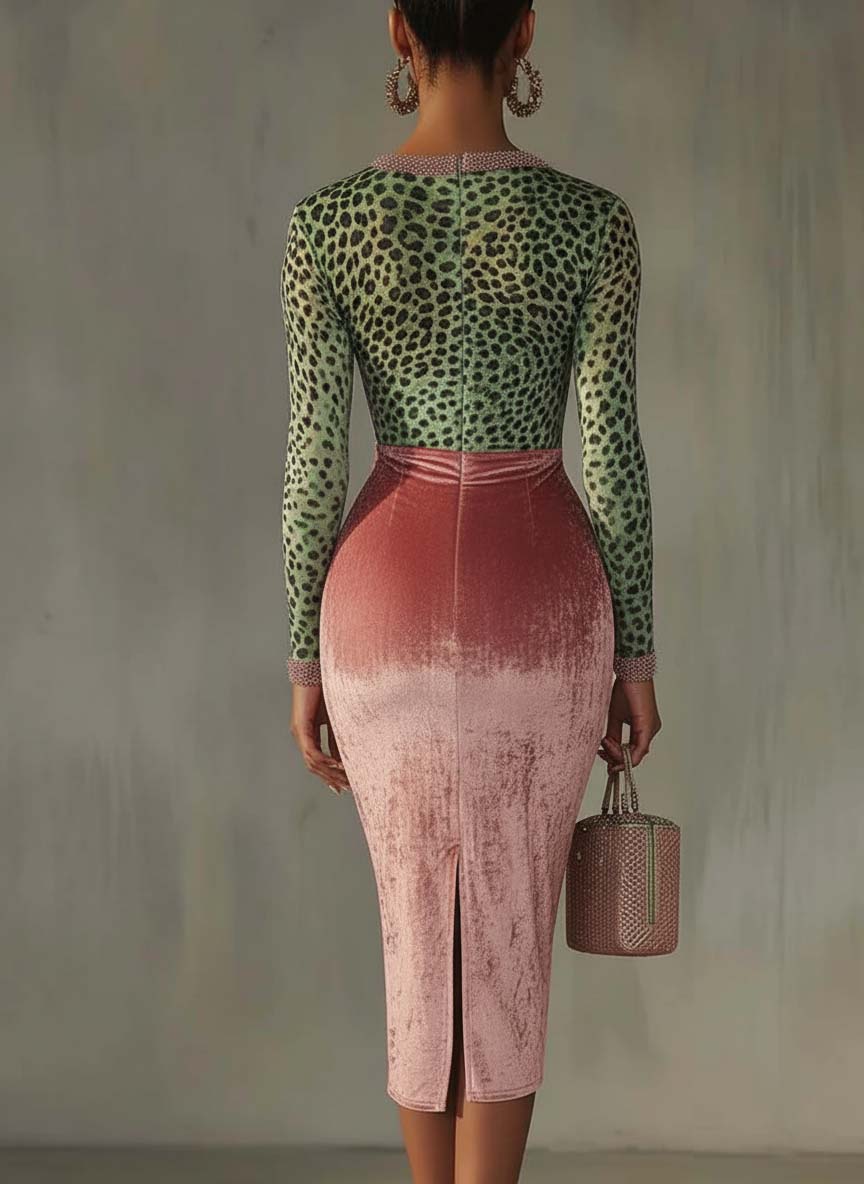 Pink velvet leopard print midi dress