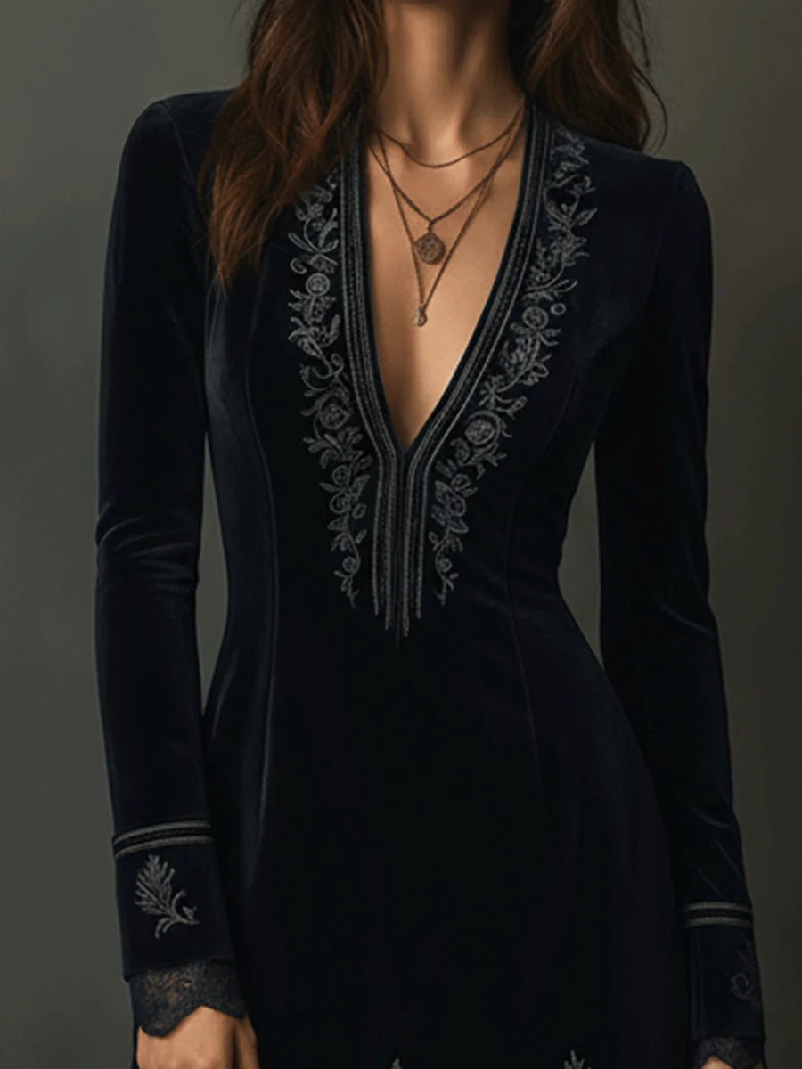 Retro Black Velvet Embroidered Lace Trim Mini Dress