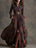 Retro lapel reddish brown plaid maxi dress