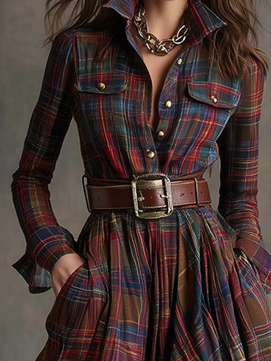 Retro lapel reddish brown plaid maxi dress