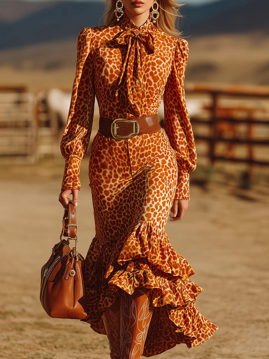 Retro Ruffled Orange Leopard Velvet Maxi Dress