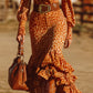 Retro Ruffled Orange Leopard Velvet Maxi Dress