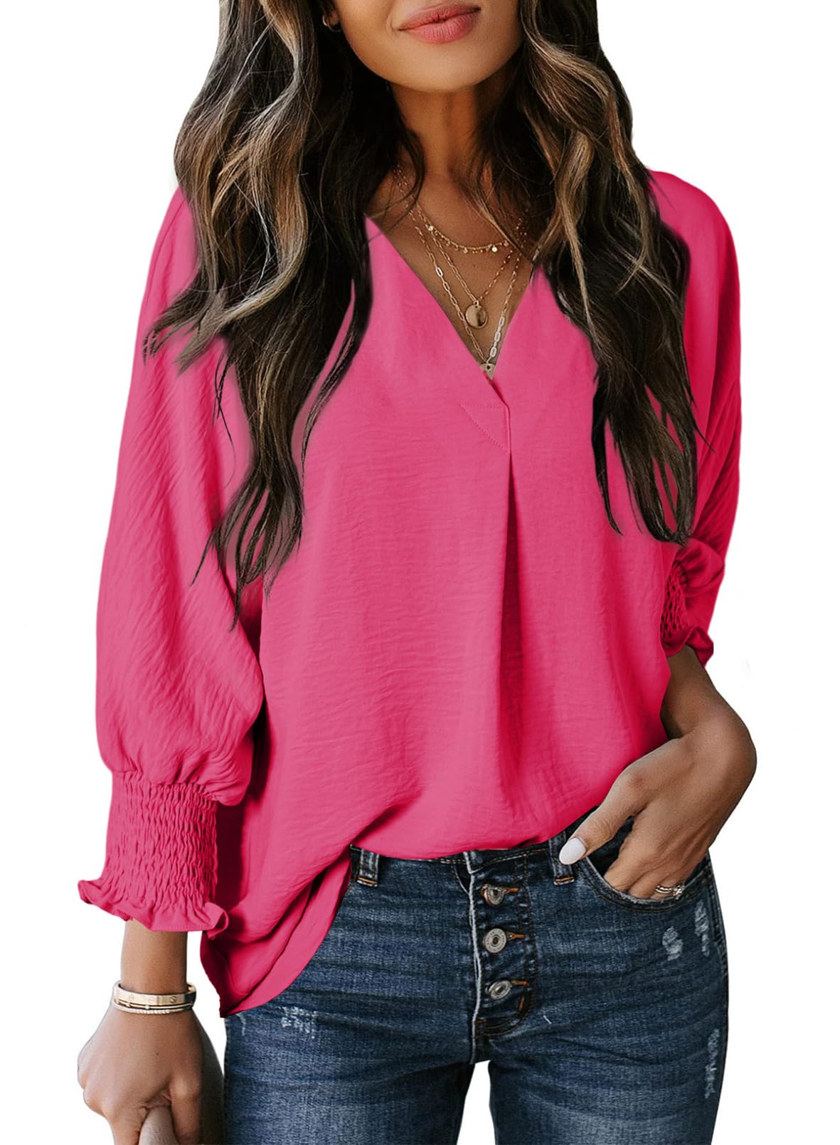 Limited time sale 🔥Womens Casual 3/4 Sleeve V Neck Loose Fit Basic Tees (BUY 3 FREE SHIPPING)