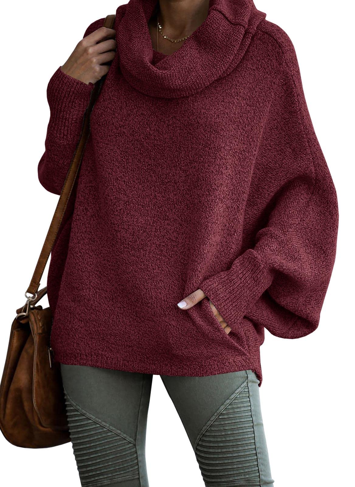 2024 Fall sale!!Women's Cowl Neck Batwing Sleeve Pullover Sweater with Pockets(50% OFF)