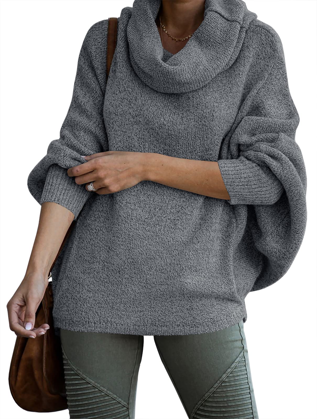 2024 Fall sale!!Women's Cowl Neck Batwing Sleeve Pullover Sweater with Pockets(50% OFF)