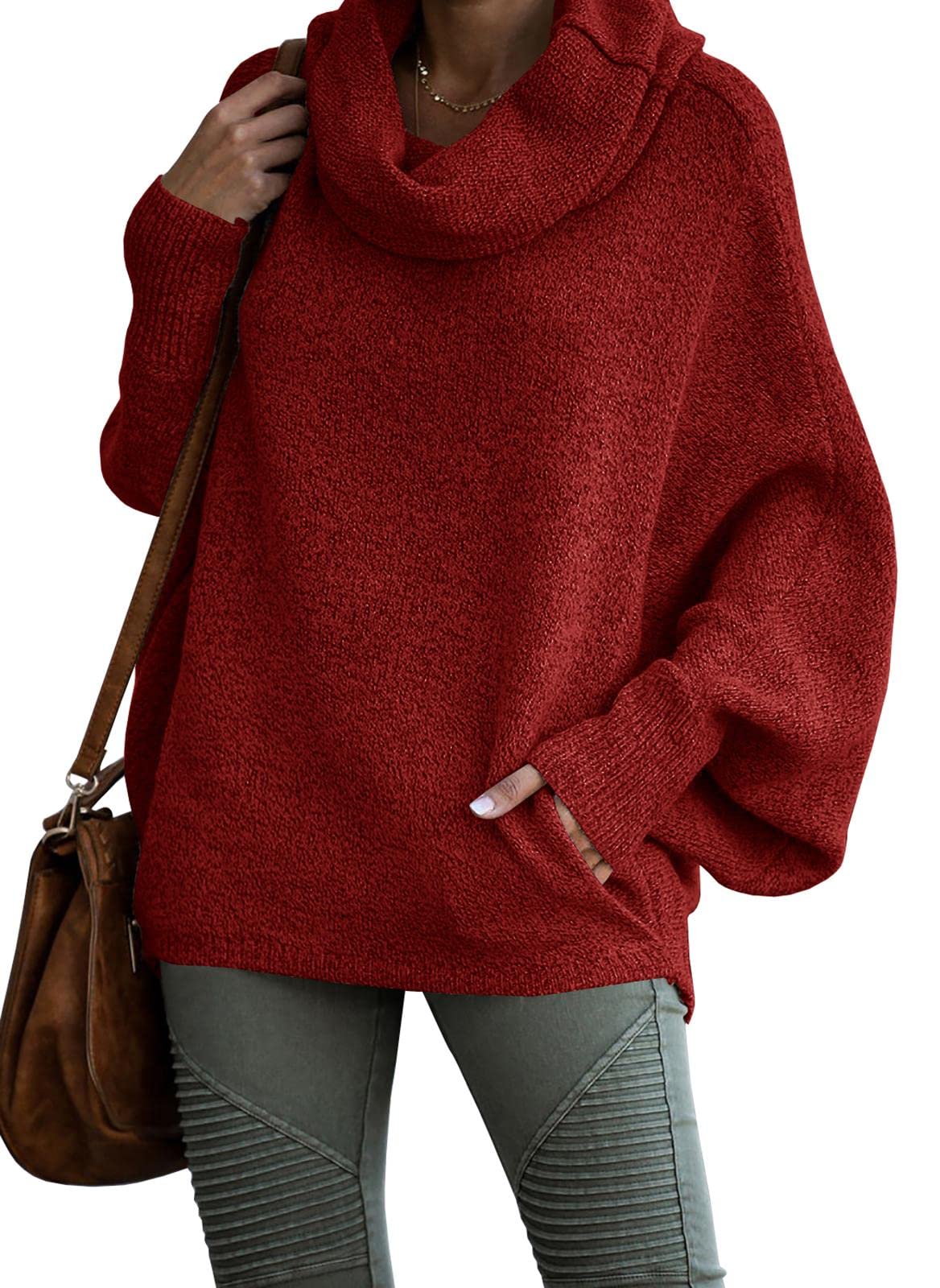 2024 Fall sale!!Women's Cowl Neck Batwing Sleeve Pullover Sweater with Pockets(50% OFF)