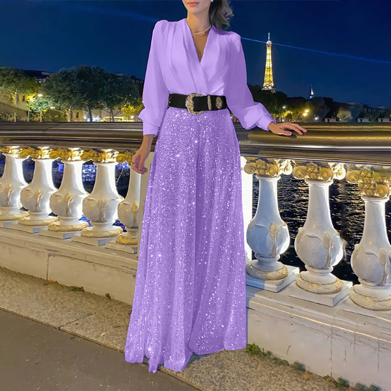 Stylish V-Neck Long Sleeve Shirt & Sequin Wide Leg Pants Set (Buy 2 Free Shipping)