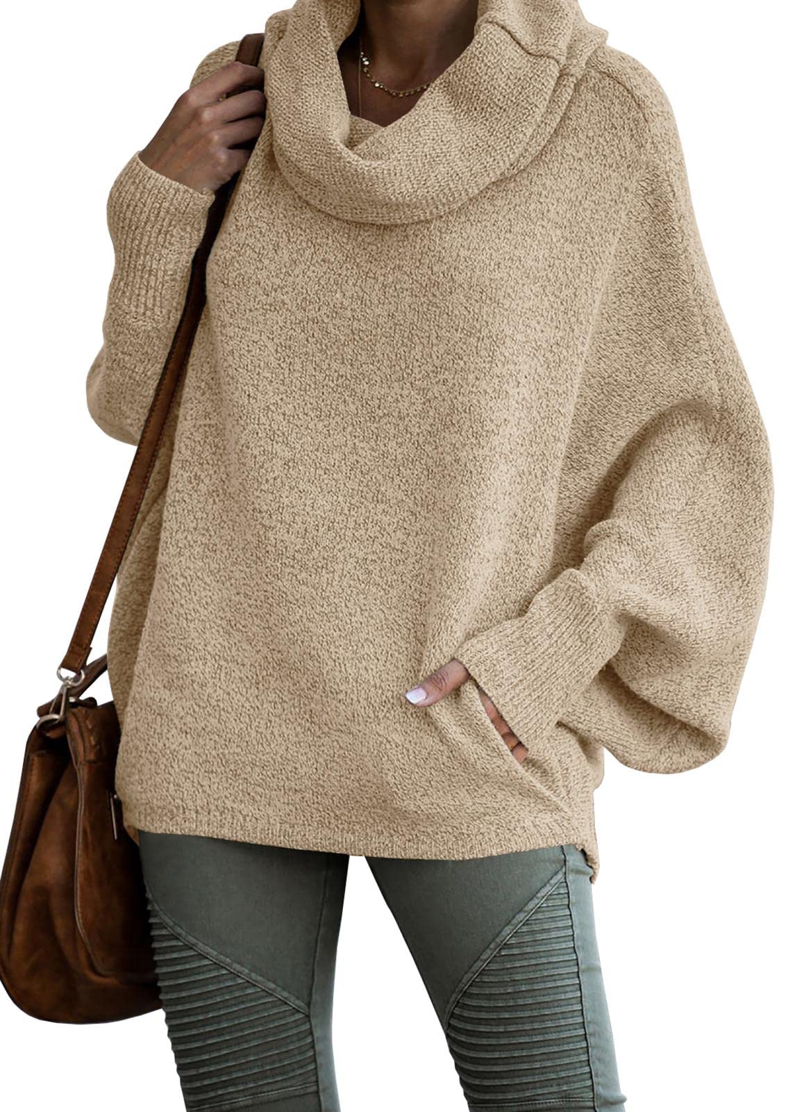 2024 Fall sale!!Women's Cowl Neck Batwing Sleeve Pullover Sweater with Pockets(50% OFF)