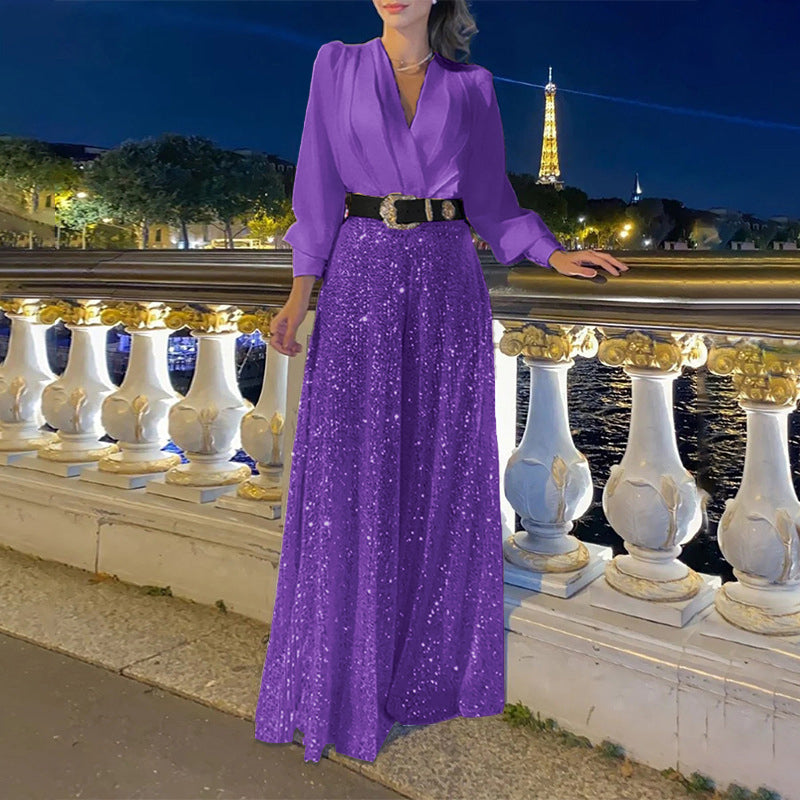 Stylish V-Neck Long Sleeve Shirt & Sequin Wide Leg Pants Set (Buy 2 Free Shipping)