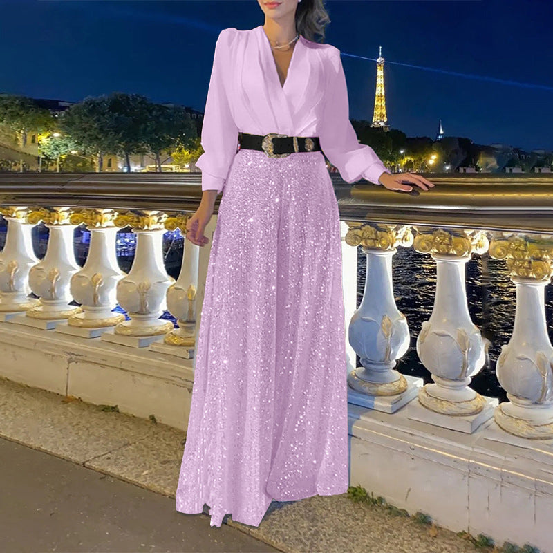 Stylish V-Neck Long Sleeve Shirt & Sequin Wide Leg Pants Set (Buy 2 Free Shipping)