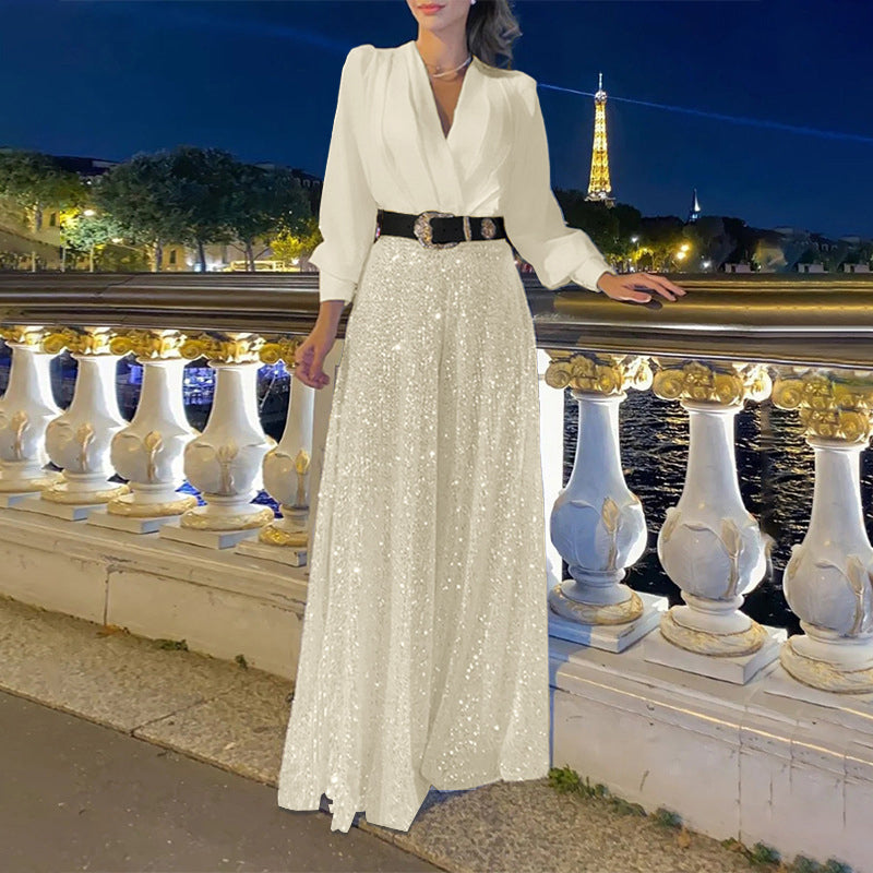 Stylish V-Neck Long Sleeve Shirt & Sequin Wide Leg Pants Set (Buy 2 Free Shipping)