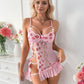 Lace Patchwork Lip Print V Neck Ruffle Hem Side Slit Chemise