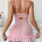 Lace Patchwork Lip Print V Neck Ruffle Hem Side Slit Chemise