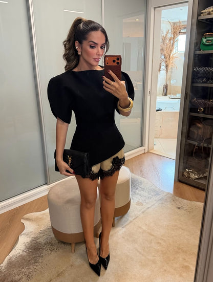 Black Puff Sleeve Top & Lace Trim Satin Shorts Set