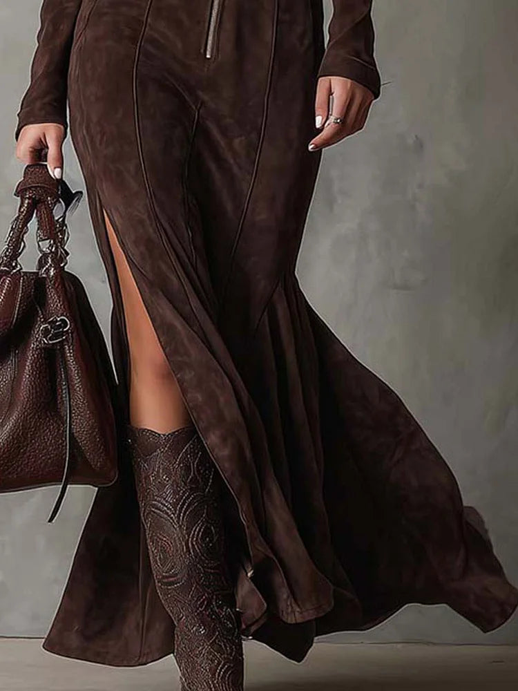 Vintage Brown Zipper Belted Maxi Dress