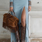 Western Half-Zip Embroidered Faux Suede Fringe Maxi Dress