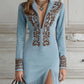 Western Half-Zip Embroidered Faux Suede Fringe Maxi Dress
