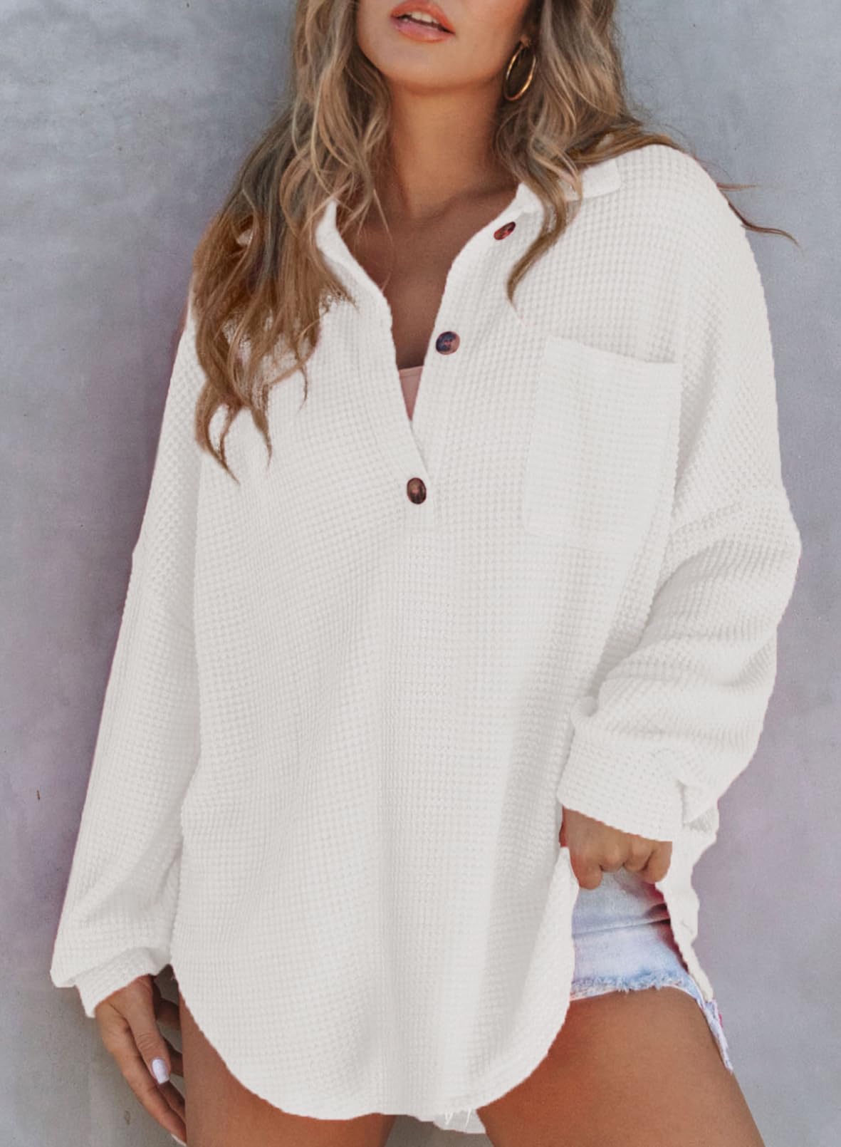 2024 New Women's Waffle Knit Henley V Neck Shirt Jacket(buy 2 10% OFF)