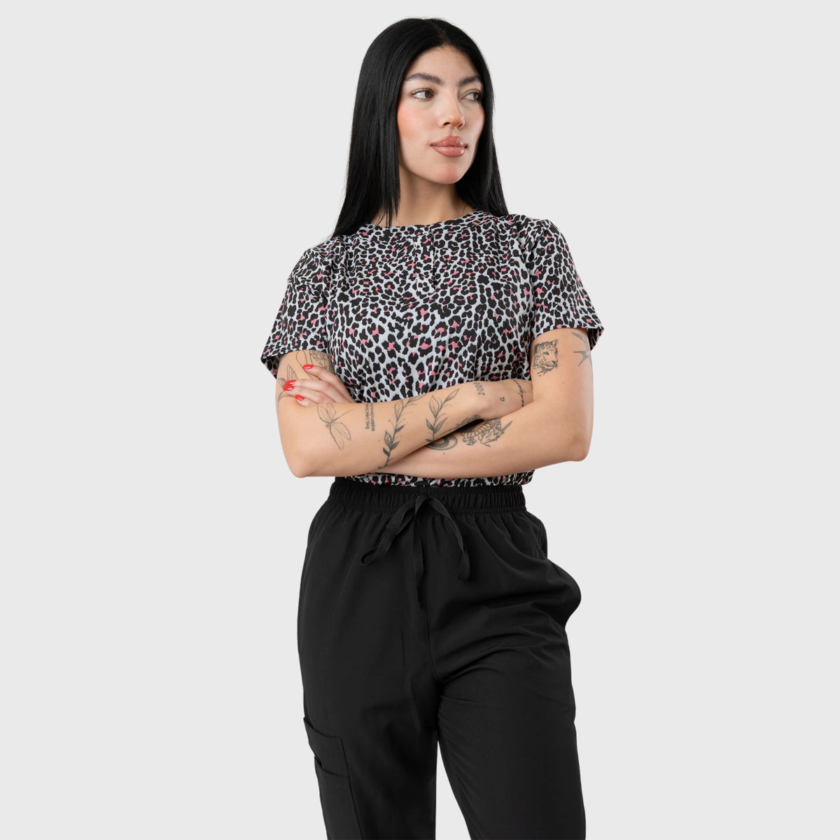Women's Black Leopard Printed Scrub Set NST23