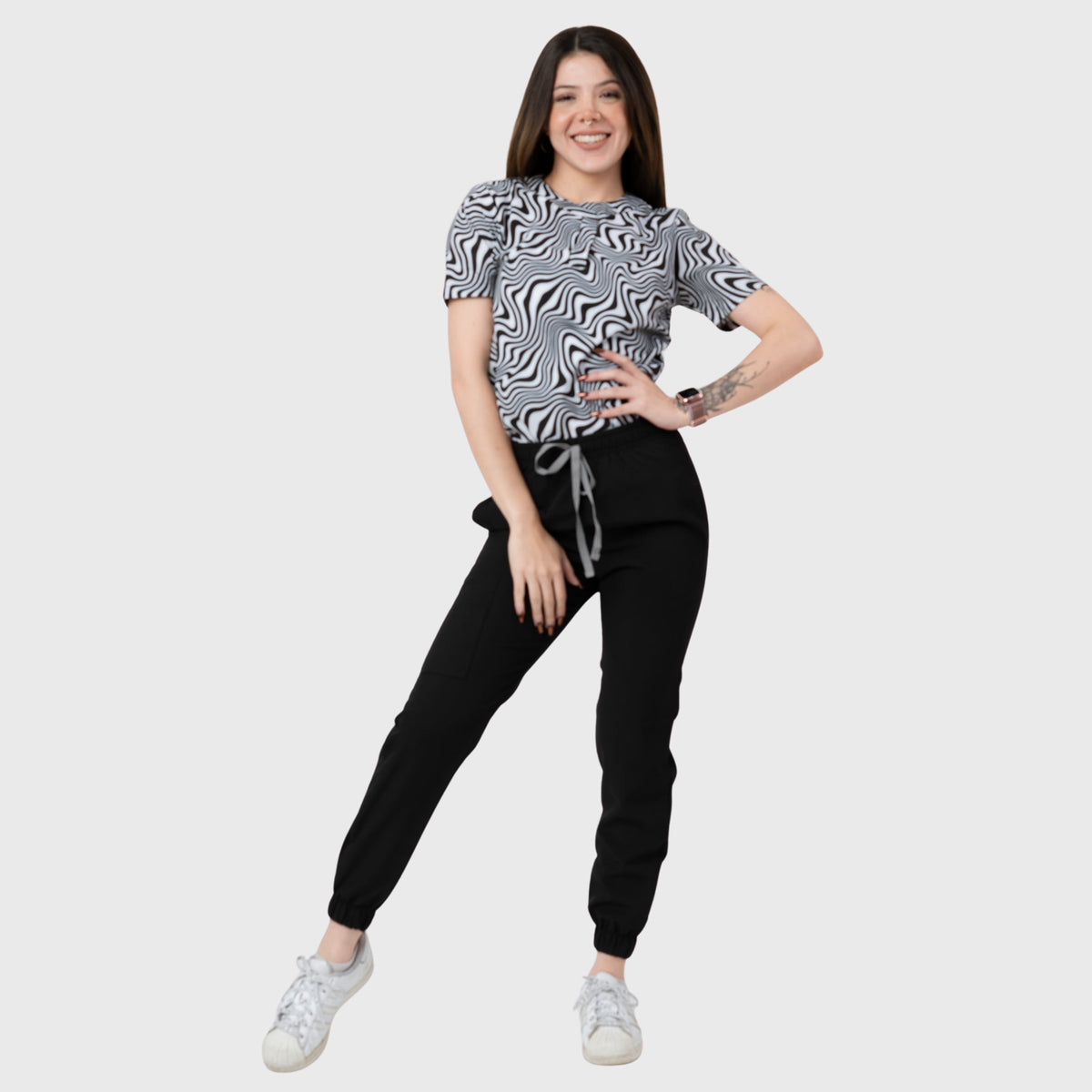 Women's Black Waves Printed Scrub Set NST25