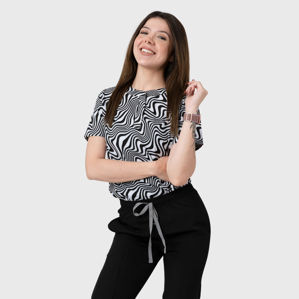 Women's Black Waves Printed Scrub Set NST25