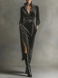 Elegant Corduroy Dress with Tie Neck and Side Slits