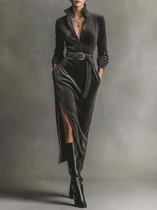 Elegant Corduroy Dress with Tie Neck and Side Slits