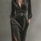 Elegant Corduroy Dress with Tie Neck and Side Slits