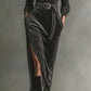 Elegant Corduroy Dress with Tie Neck and Side Slits