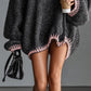 Loose-fitting hooded pink-trimmed knitted mini dress