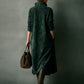 Green Loose Suede Lapel Long Sleeve Midi Dress