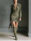 Olive Green Faux Suede V-Neck Wrap Mini Dress
