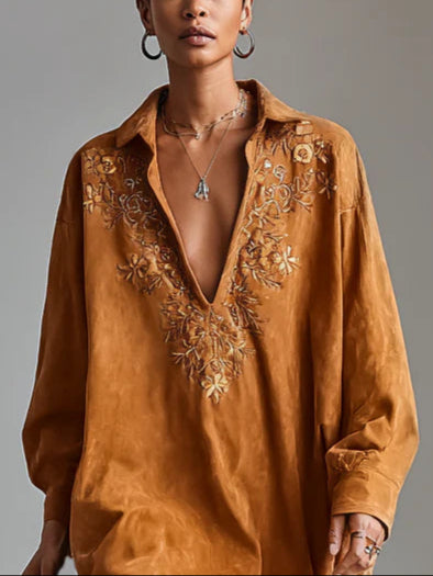 Loose lapel V-neck printed long-sleeved midi dress