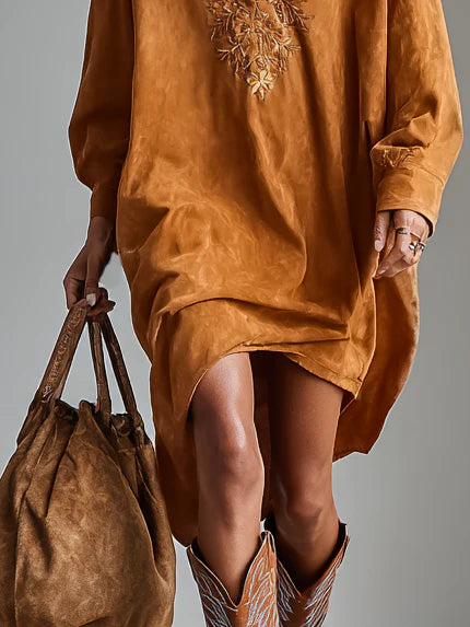 Loose lapel V-neck printed long-sleeved midi dress