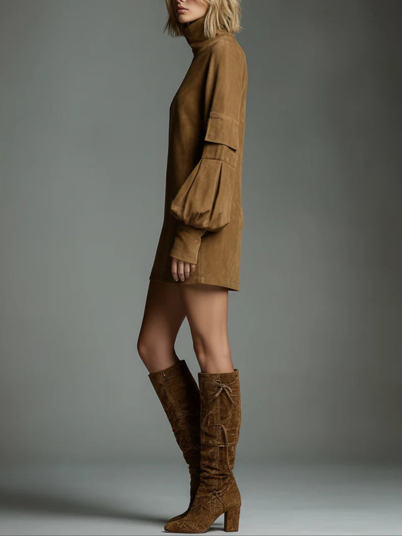 Vintage Loose Suede Turtleneck Mini Dress