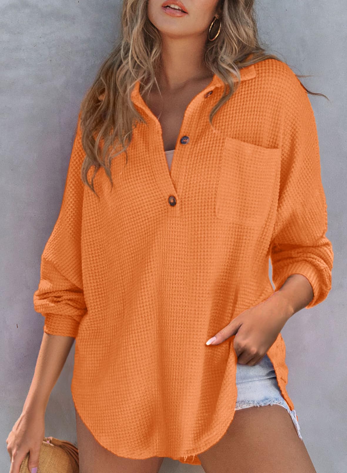 2024 New Women's Waffle Knit Henley V Neck Shirt Jacket(buy 2 10% OFF)