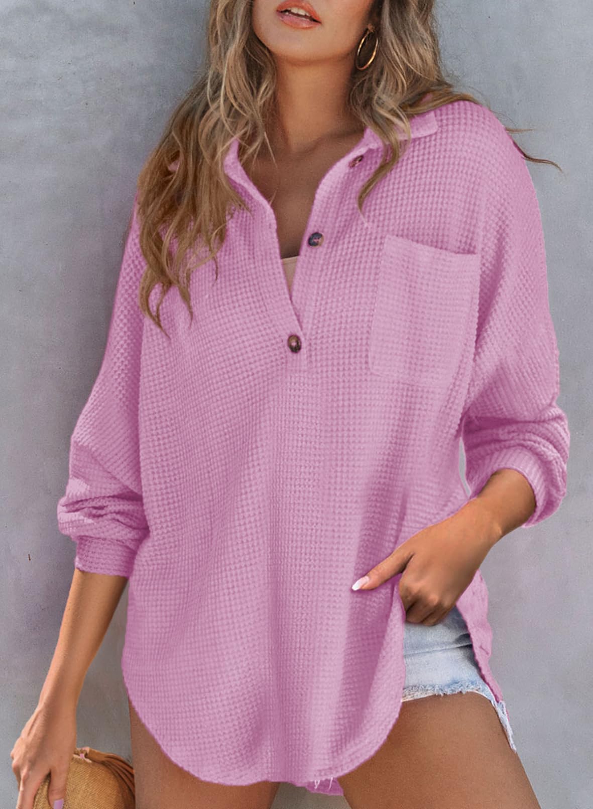2024 New Women's Waffle Knit Henley V Neck Shirt Jacket(buy 2 10% OFF)