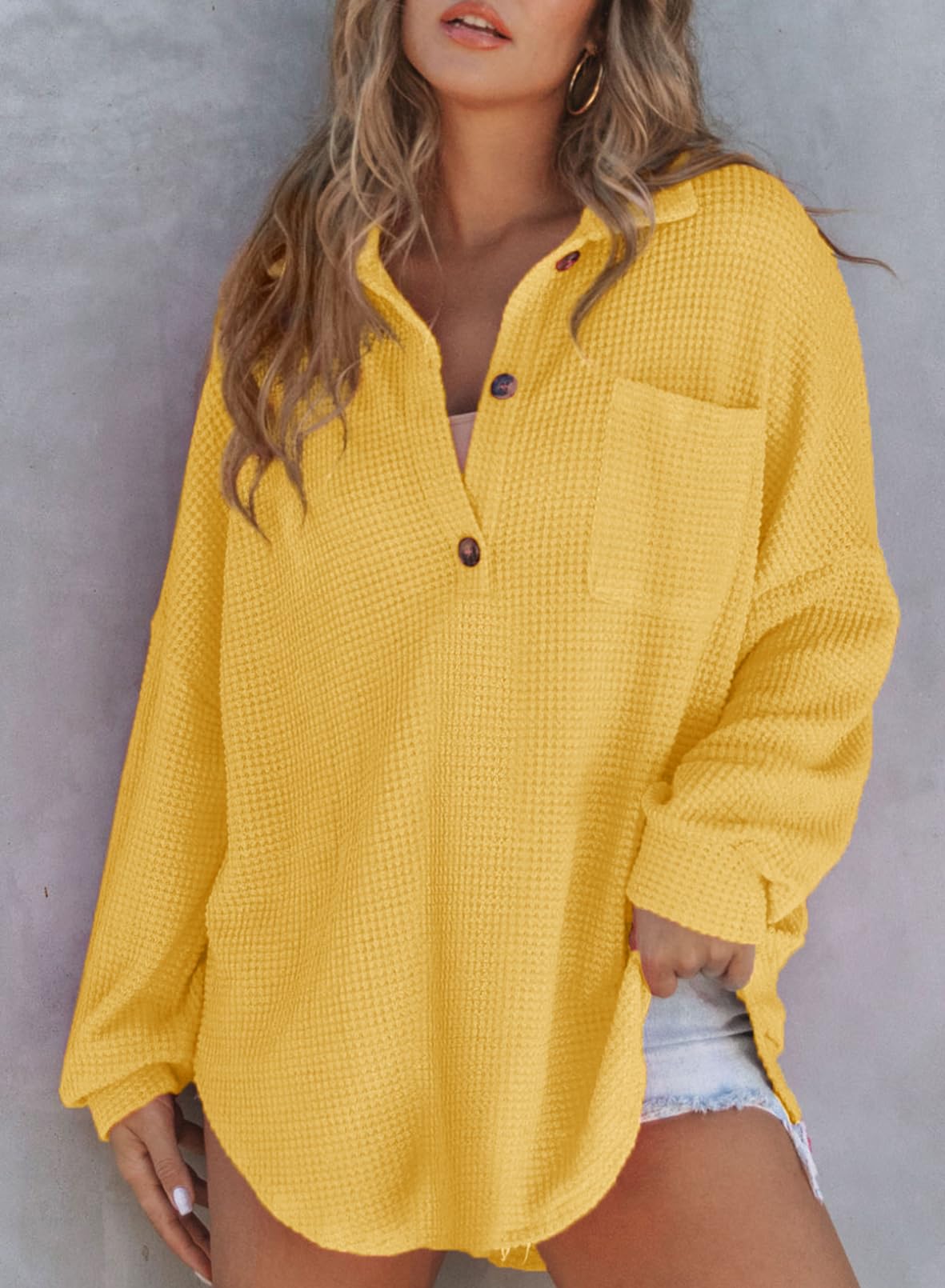 2024 New Women's Waffle Knit Henley V Neck Shirt Jacket(buy 2 10% OFF)